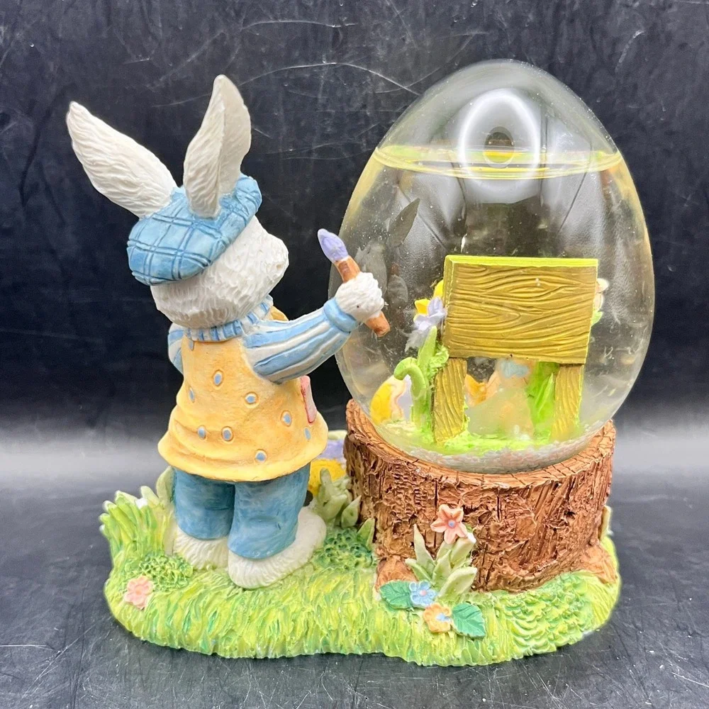 Easter Bunny Painter Water Globe and Lying Rabbit‎ Figurine Set Pastel Decor